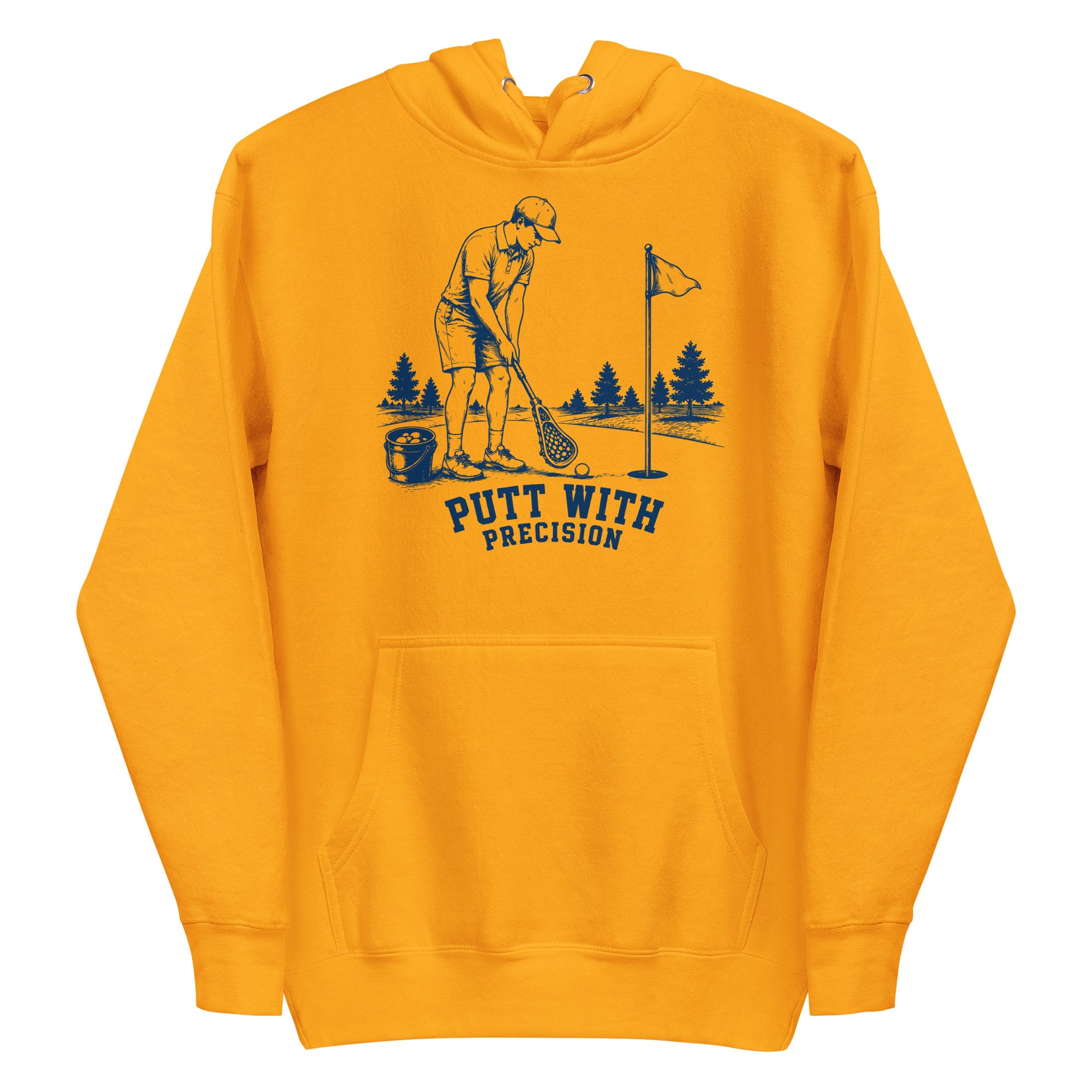 Lacrosse hoodie with the GO2X Putt with Precision design, a man putting a golf ball with a lacrosse stick
