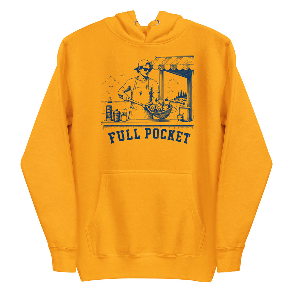 Lacrosse hoodie with the GO2X Full Pocket design, a man at a seaside ice cream stand holding a lacrosse head full of cones