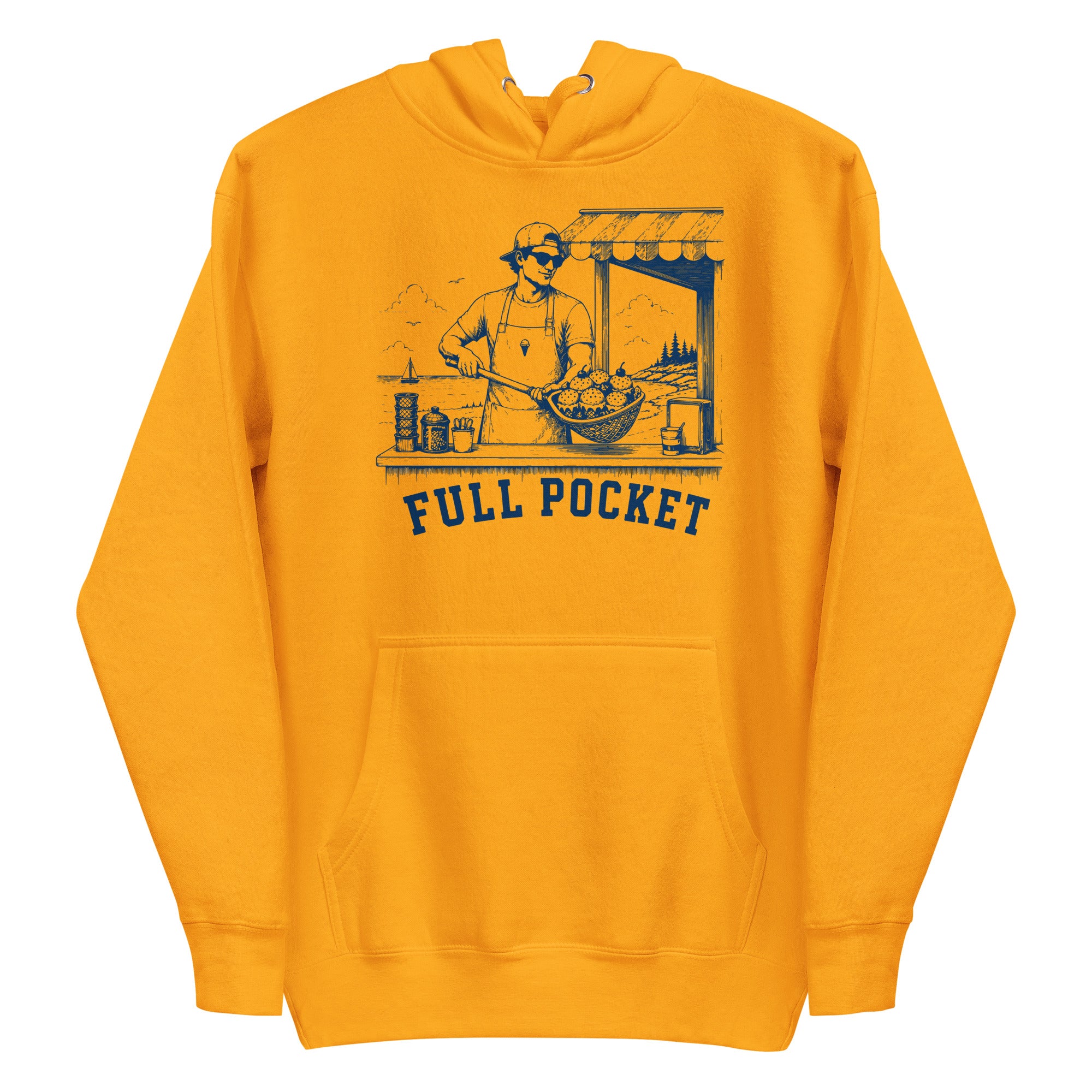 Lacrosse hoodie with the GO2X Full Pocket design, a man at a seaside ice cream stand holding a lacrosse head full of cones