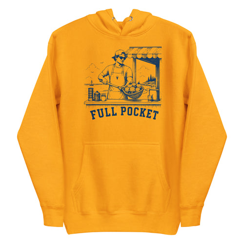 Lacrosse hoodie with the GO2X Full Pocket design, a man at a seaside ice cream stand holding a lacrosse head full of cones