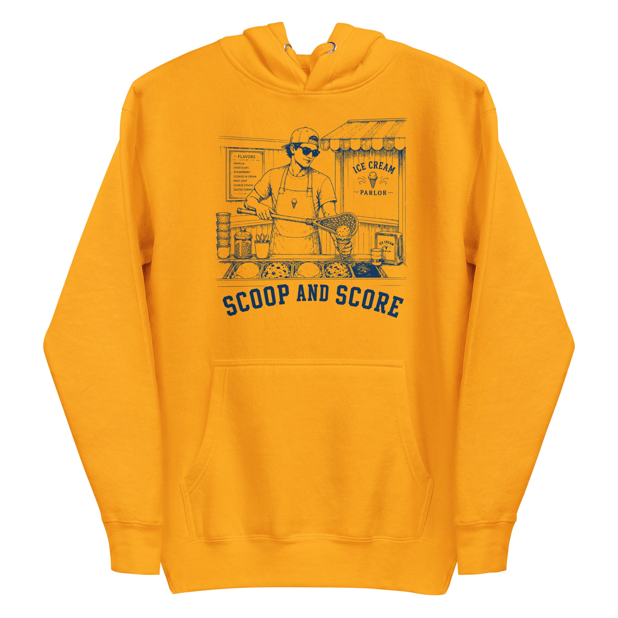 Lacrosse hoodie with the GO2X Scoop and Score design, a man scooping ice cream into a cone with a lacrosse stick