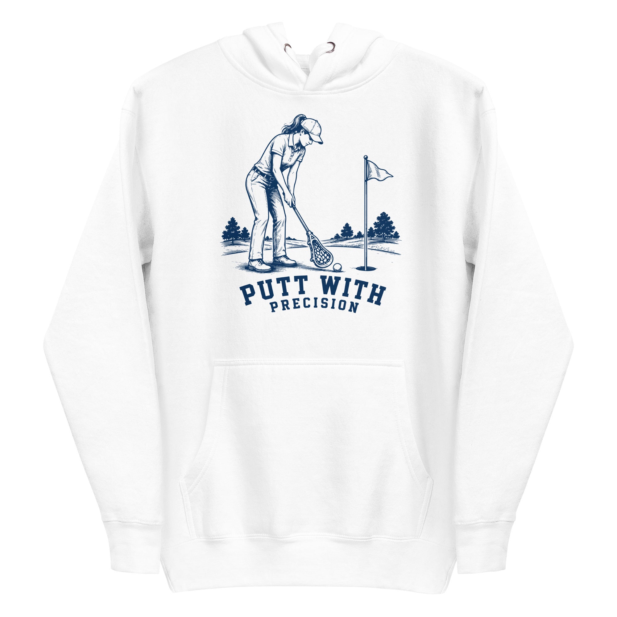 Lacrosse hoodie with the GO2X Putt with Precision design, a woman putting a golf ball with a lacrosse stick