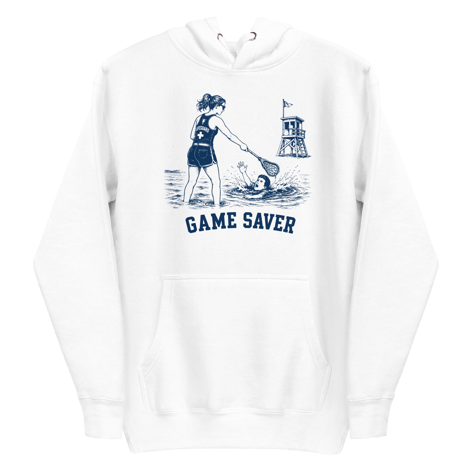 Lacrosse hoodie with the GO2X Game Saver design, a female lifeguard reaching a lacrosse stick out to a swimmer
