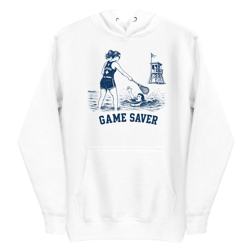 Lacrosse hoodie with the GO2X Game Saver design, a female lifeguard reaching a lacrosse stick out to a swimmer