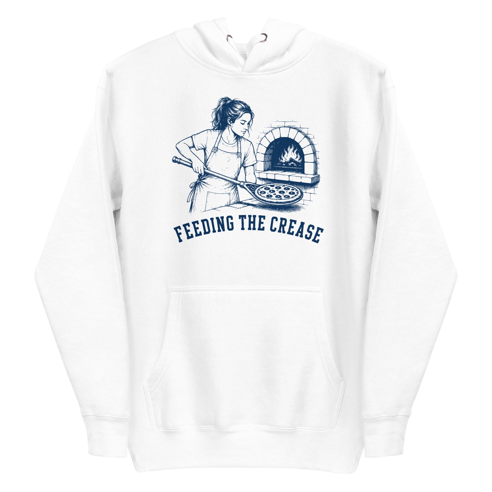 Lacrosse hoodie with the GO2X Feeding the Crease design, a woman sliding a pizza into a wood-fired oven with a lacrosse stick