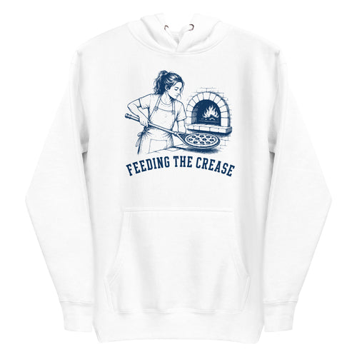 Lacrosse hoodie with the GO2X Feeding the Crease design, a woman sliding a pizza into a wood-fired oven with a lacrosse stick
