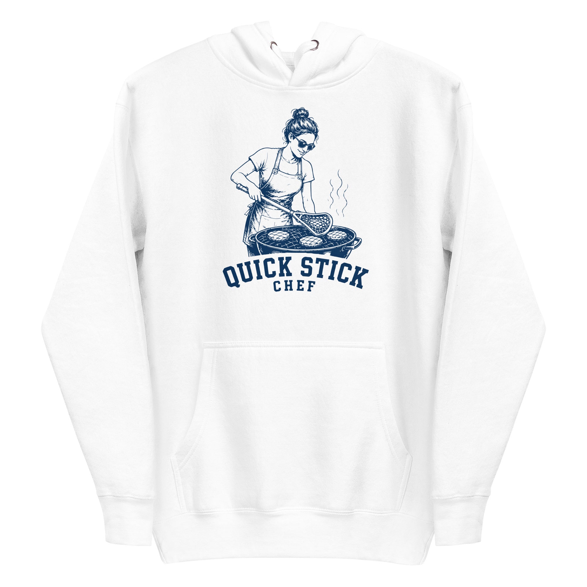 Lacrosse hoodie with the GO2X Quick Stick Chef design, a woman flipping burgers on a grill with a lacrosse head