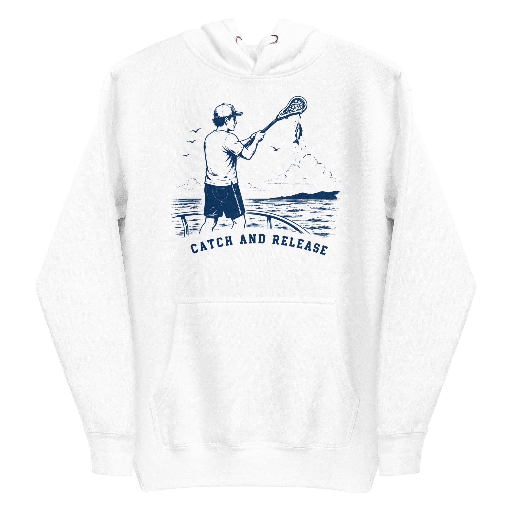 Lacrosse hoodie with the GO2X Catch and Release design, a man on a boat holding a lacrosse stick with a fish hanging from the head