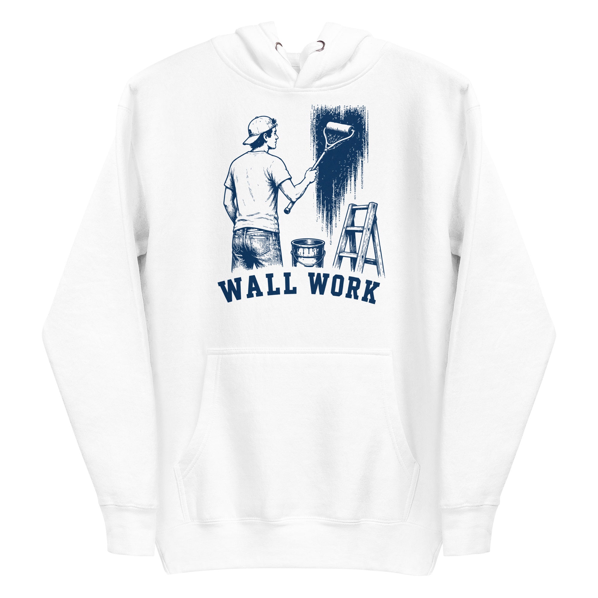 Lacrosse hoodie with the GO2X Wall Work design, a man painting a wall with a lacrosse-head paint roller