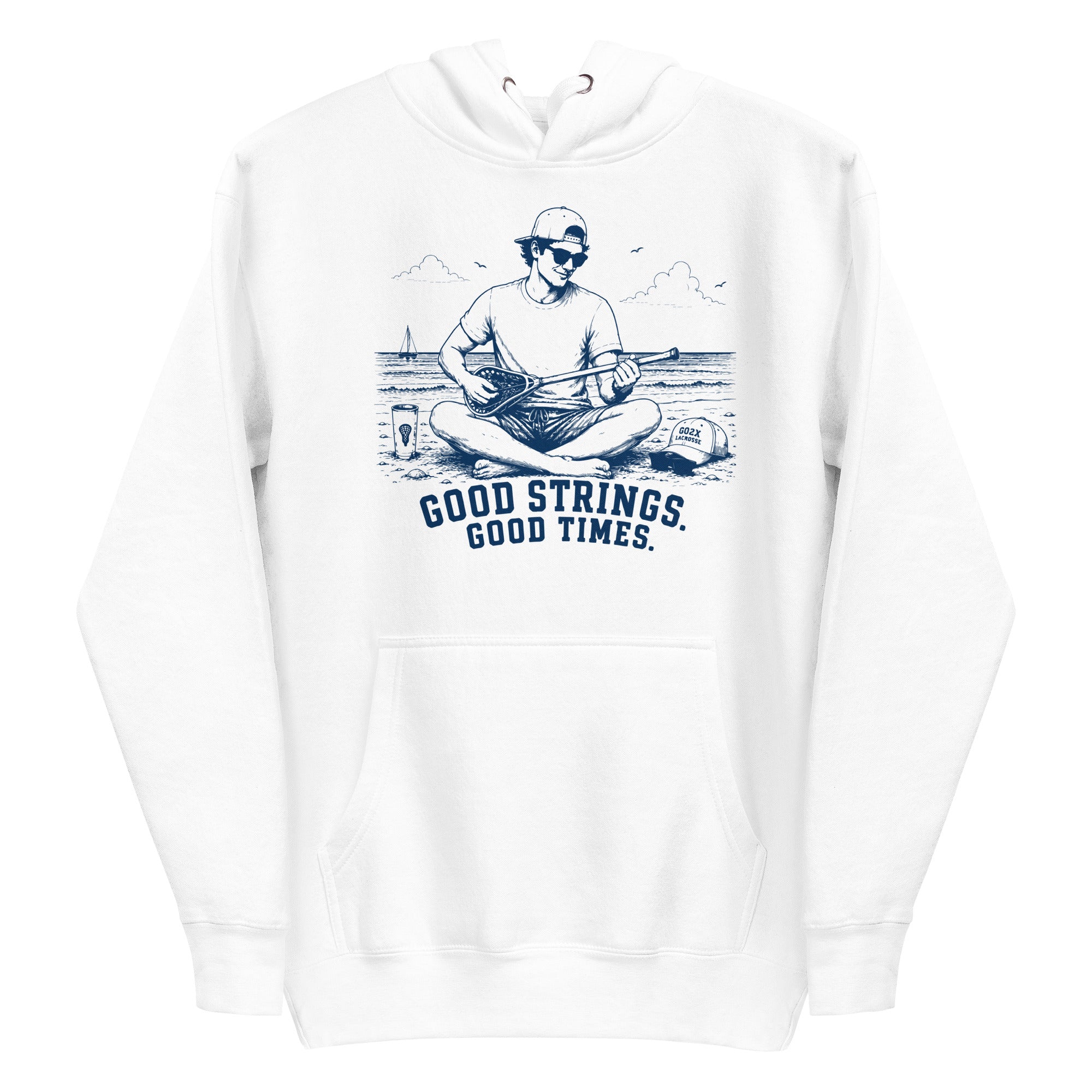 Lacrosse hoodie with the GO2X Good Strings Good Times design, a man on the beach playing a lacrosse stick like a guitar