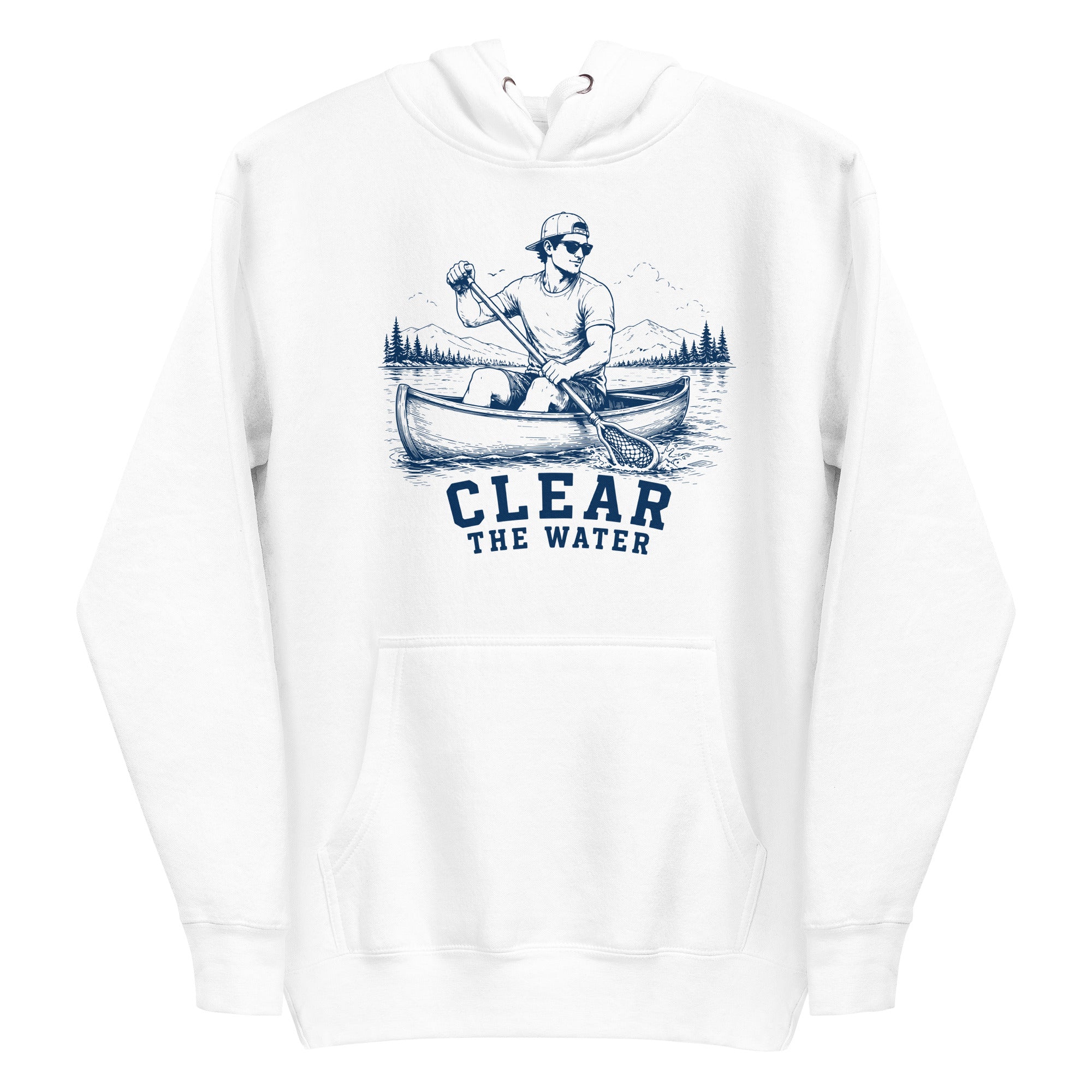 Lacrosse hoodie with the GO2X Clear the Water design, a man paddling a canoe with a lacrosse-head paddle on a mountain lake