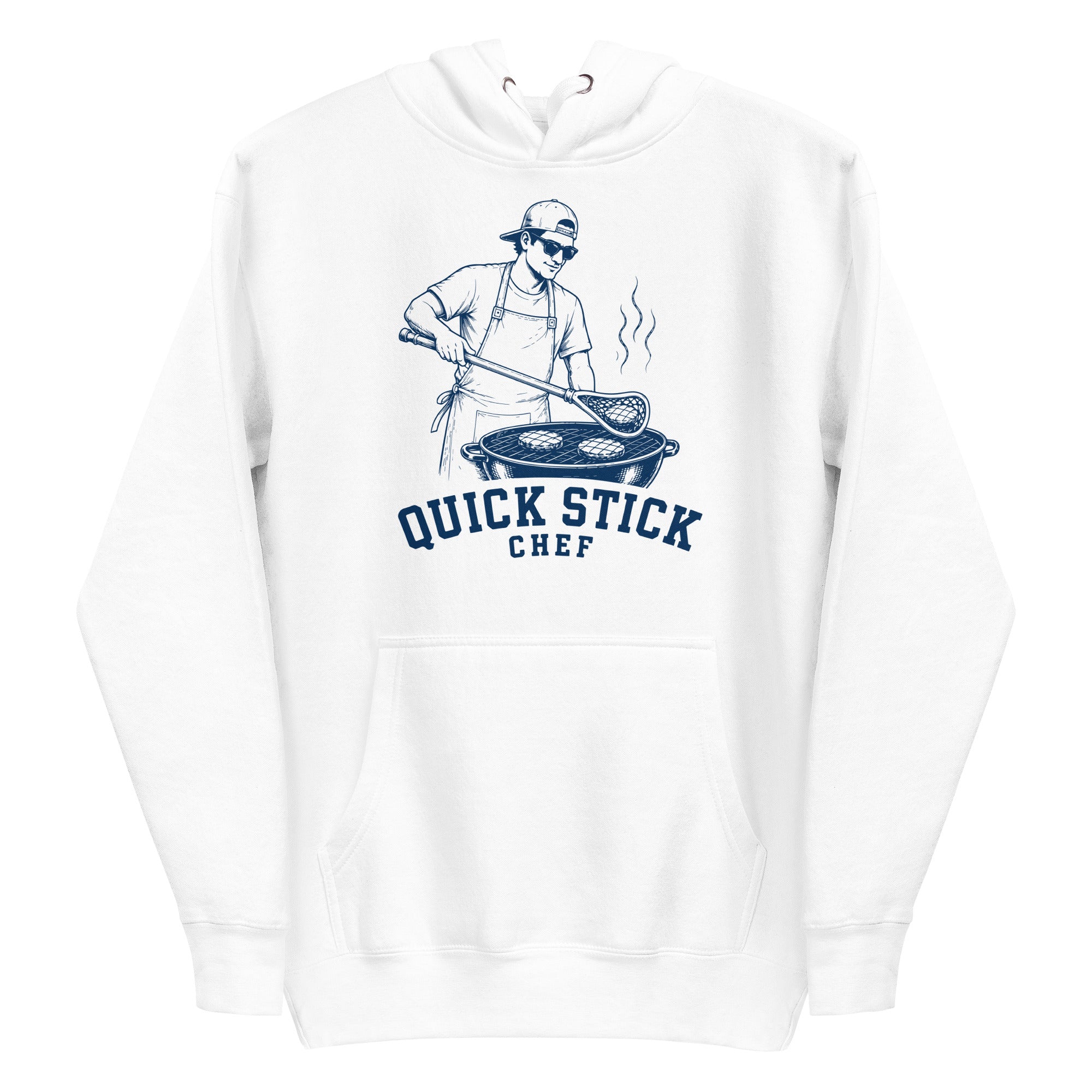 Lacrosse hoodie with the GO2X Quick Stick Chef design, a man flipping burgers on a grill with a lacrosse head