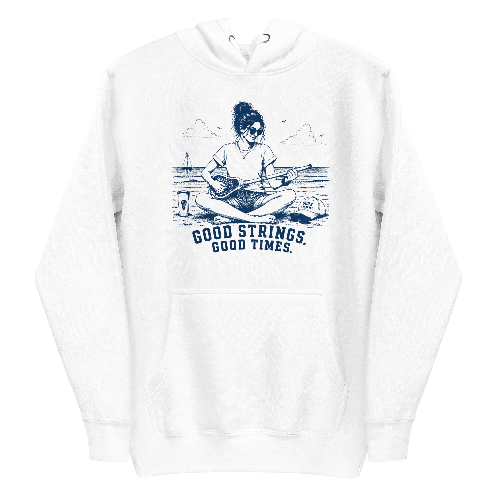 Lacrosse hoodie with the GO2X Good Strings Good Times design, a woman on the beach playing a lacrosse stick like a guitar