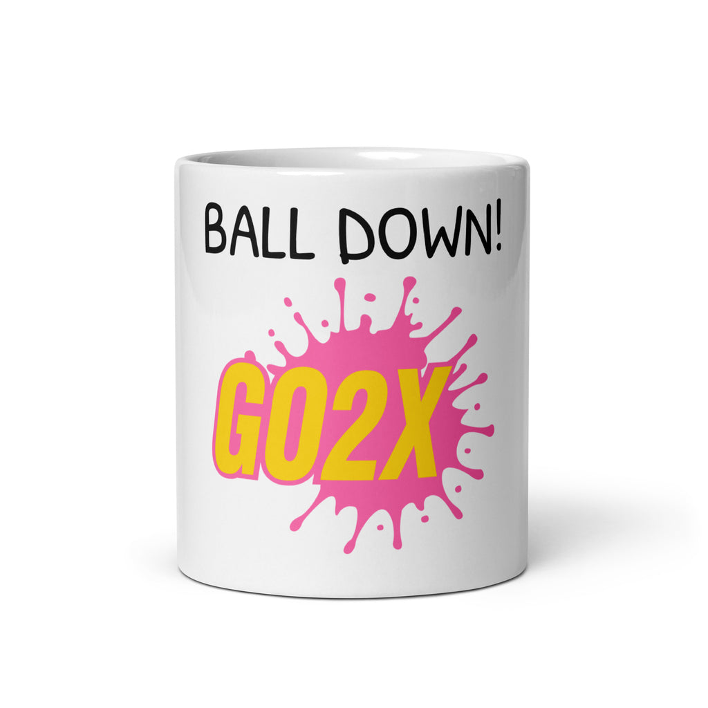 White ceramic GO2X Ball Down! lacrosse mug with bold call-out lettering