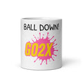 White ceramic GO2X Ball Down! lacrosse mug with bold call-out lettering