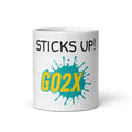 White ceramic GO2X Sticks Up lacrosse mug with bold call-out lettering
