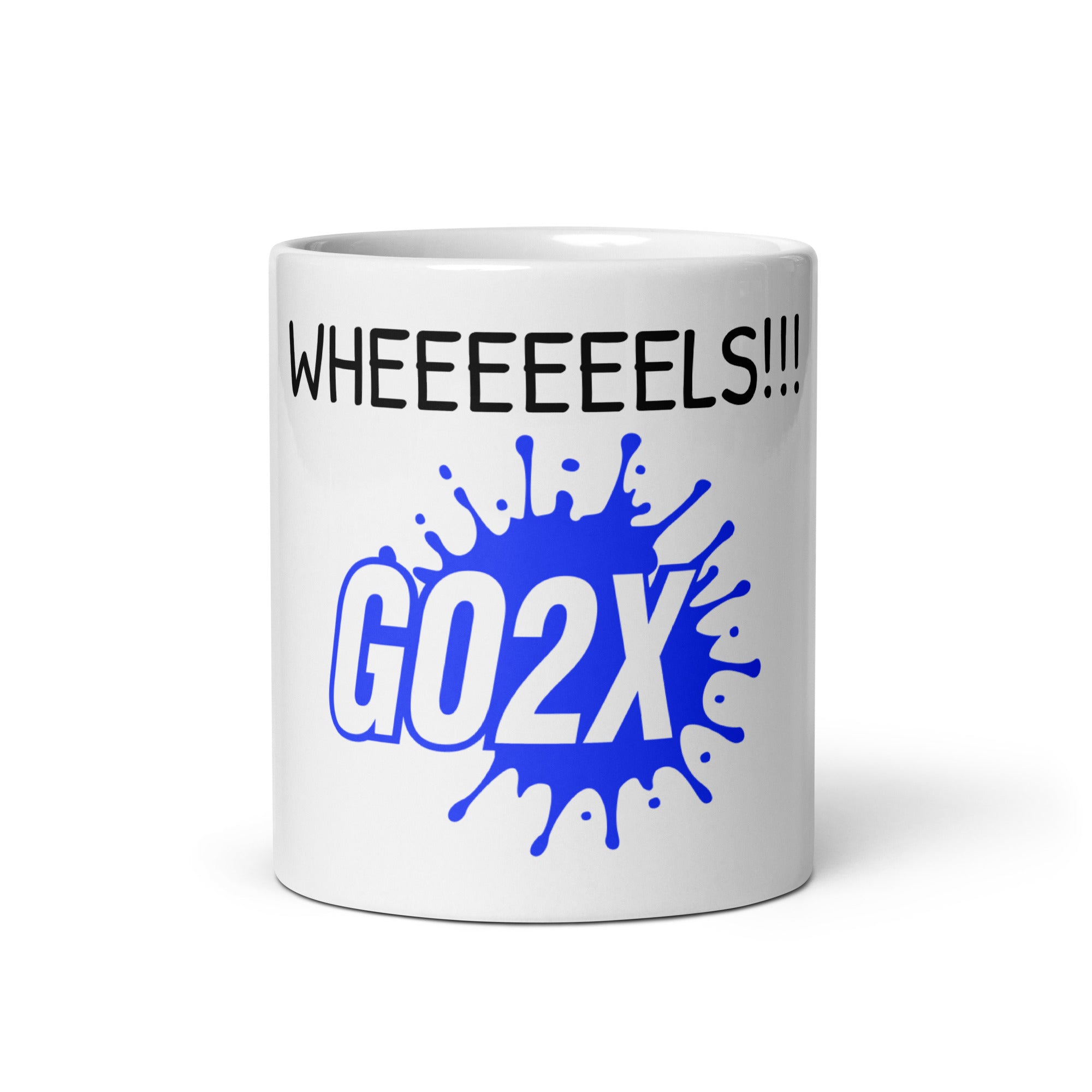GO2X Wheeeels! lacrosse mug in pink and yellow with bold call-out lettering