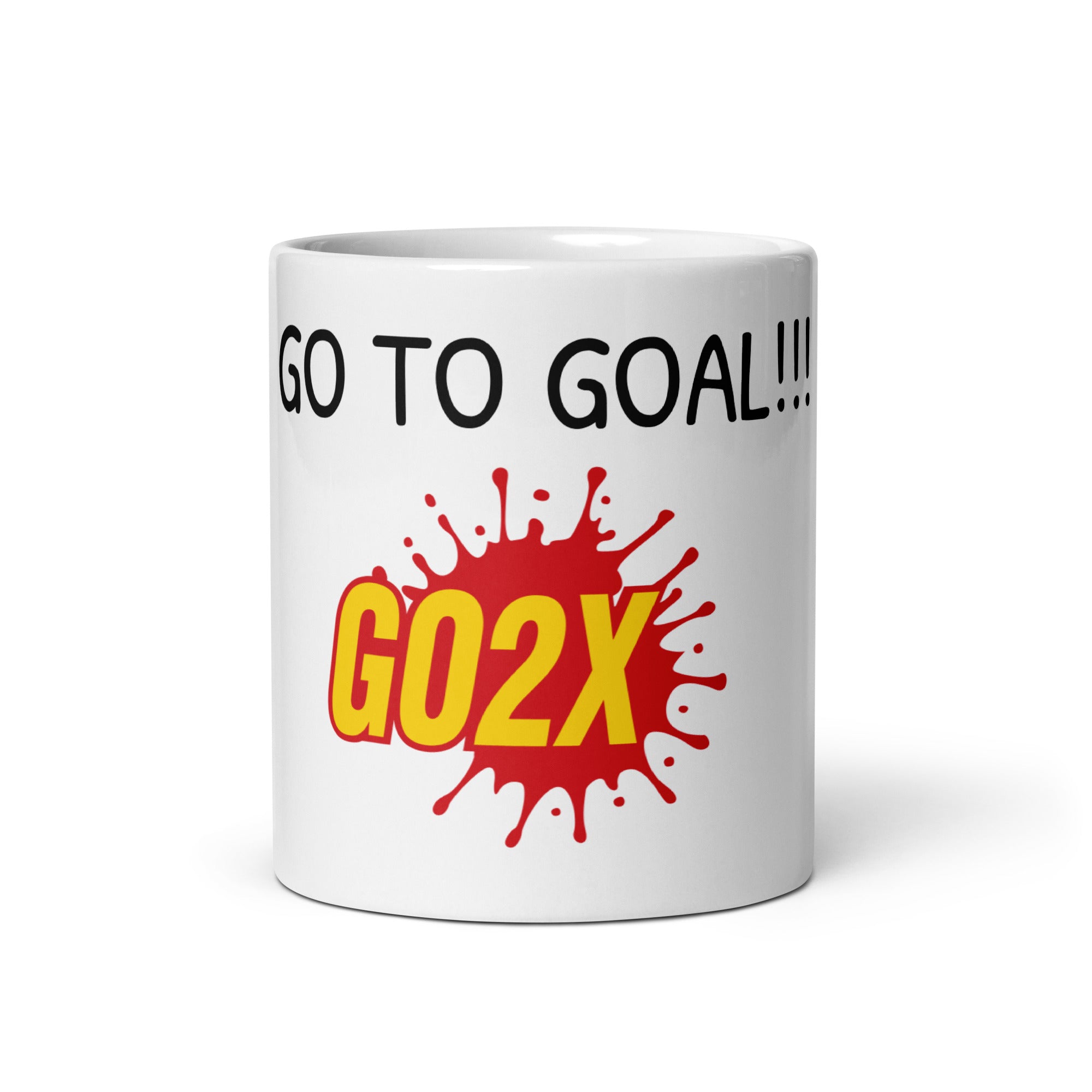 White ceramic GO2X Go to Goal lacrosse mug with bold call-out lettering