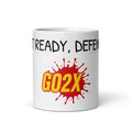 White ceramic GO2X Get Ready, Defense! lacrosse mug with bold call-out lettering