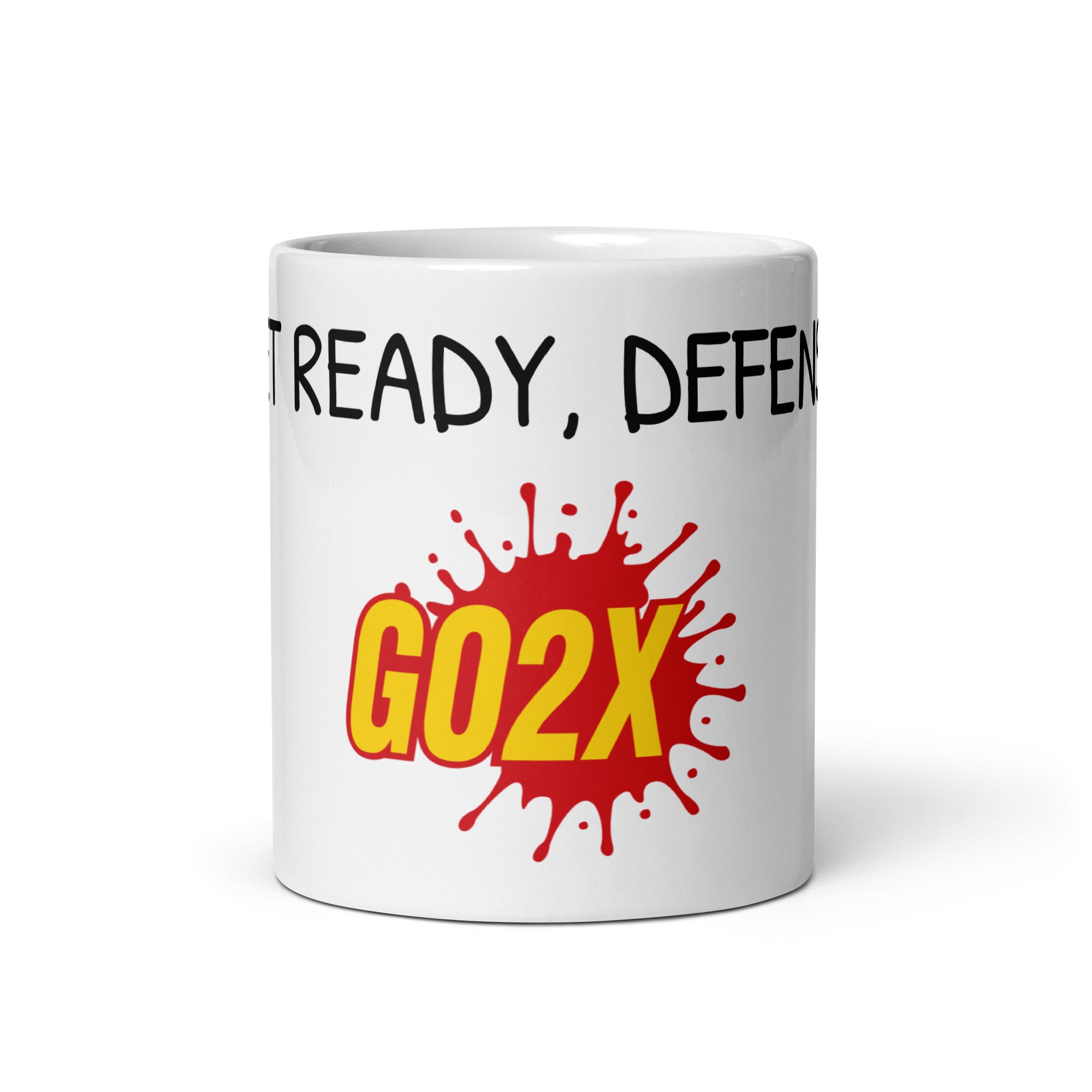 White ceramic GO2X Get Ready, Defense! lacrosse mug with bold call-out lettering