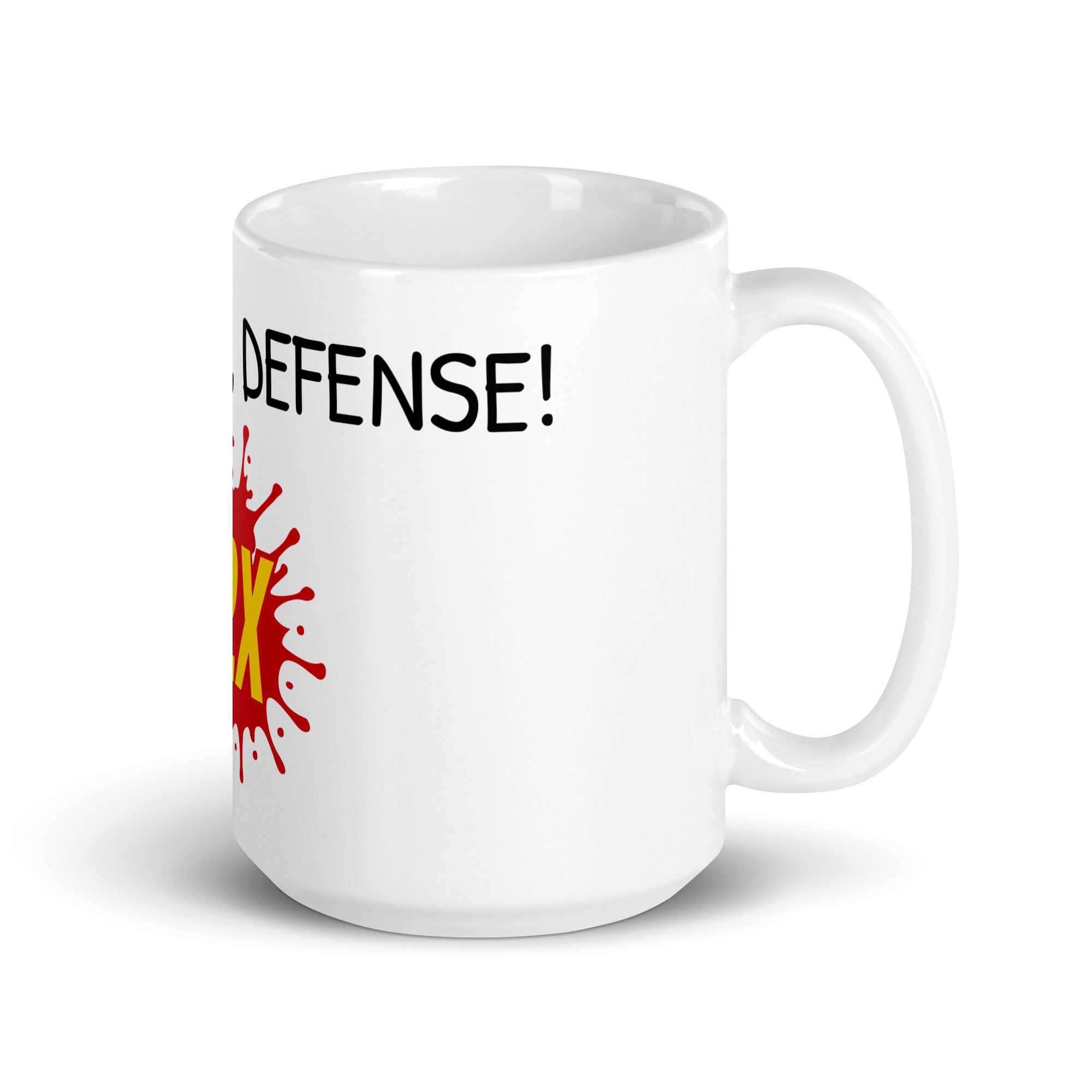 White ceramic GO2X Get Ready, Defense! lacrosse mug with bold call-out lettering