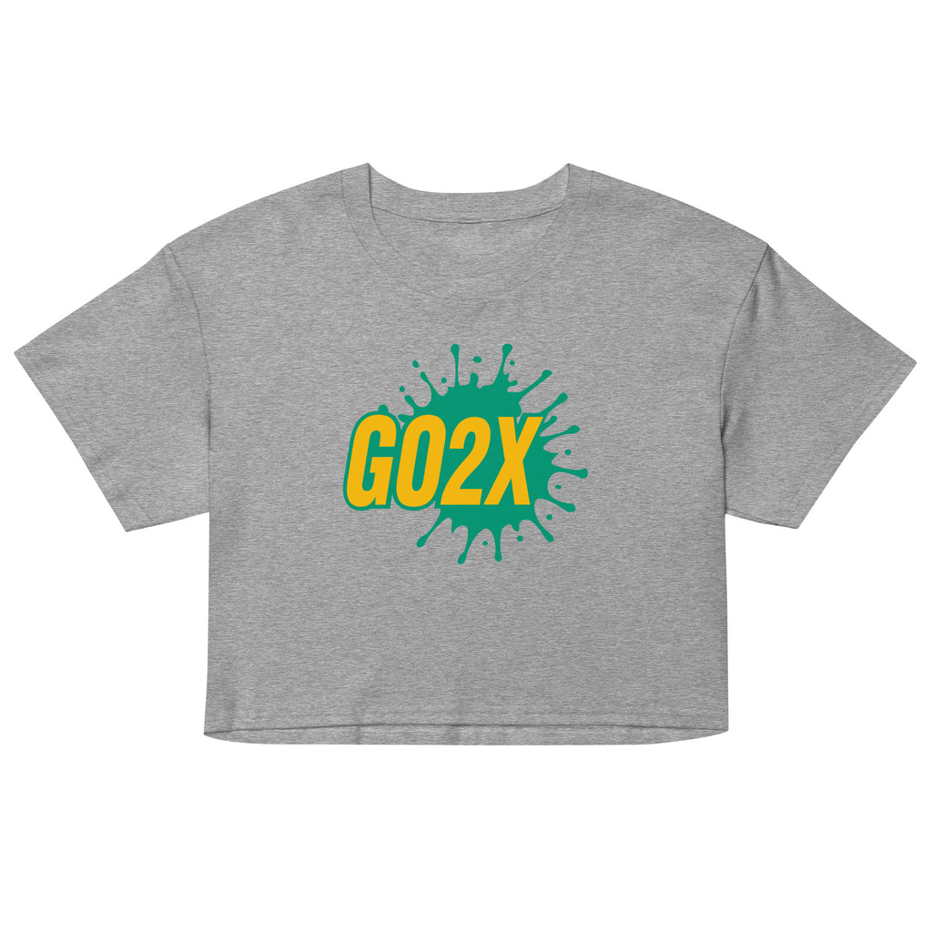 GO2X lacrosse crop top with the logo in yellow and green