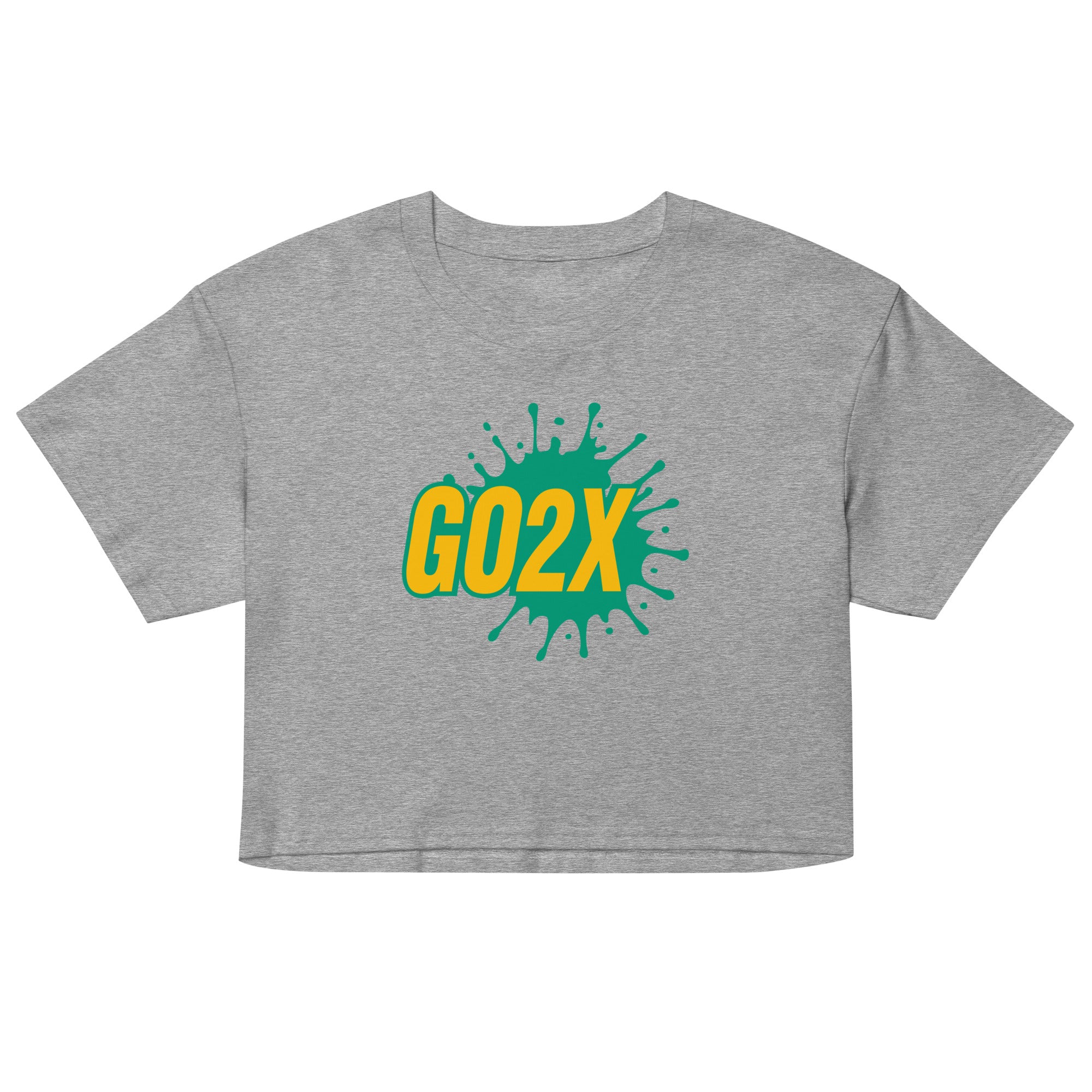 GO2X lacrosse crop top with the logo in yellow and green
