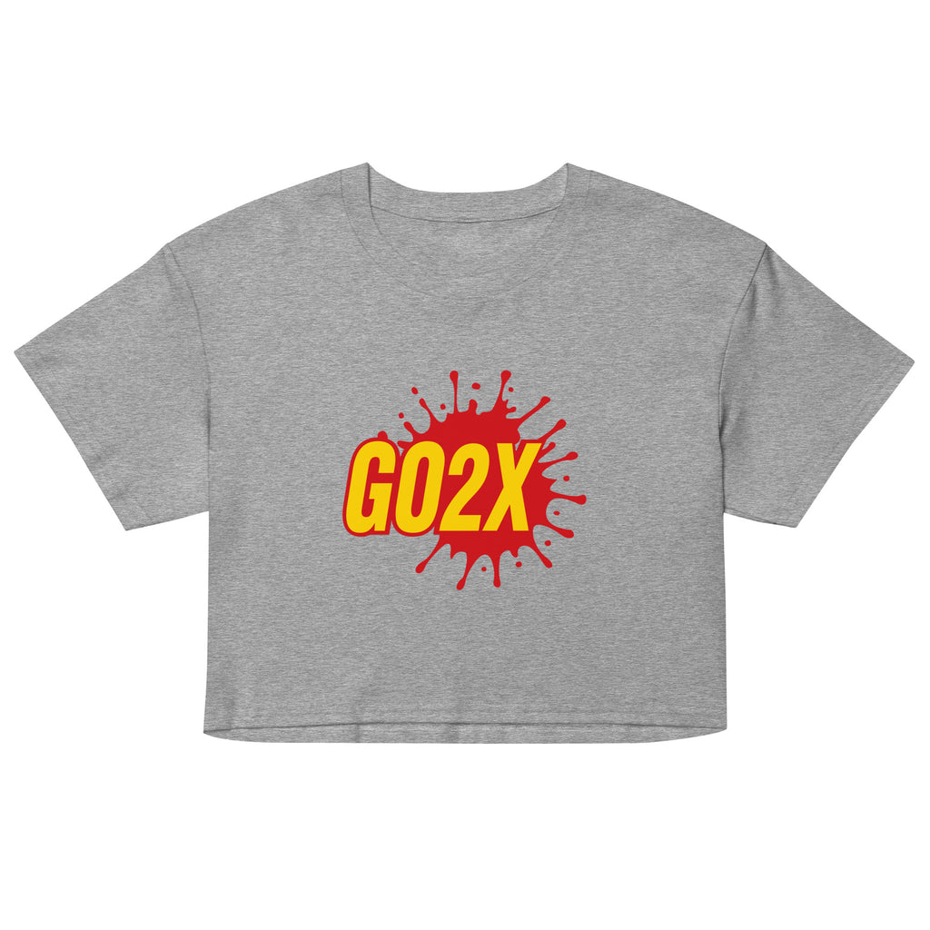 GO2X lacrosse crop top with the logo in red and yellow