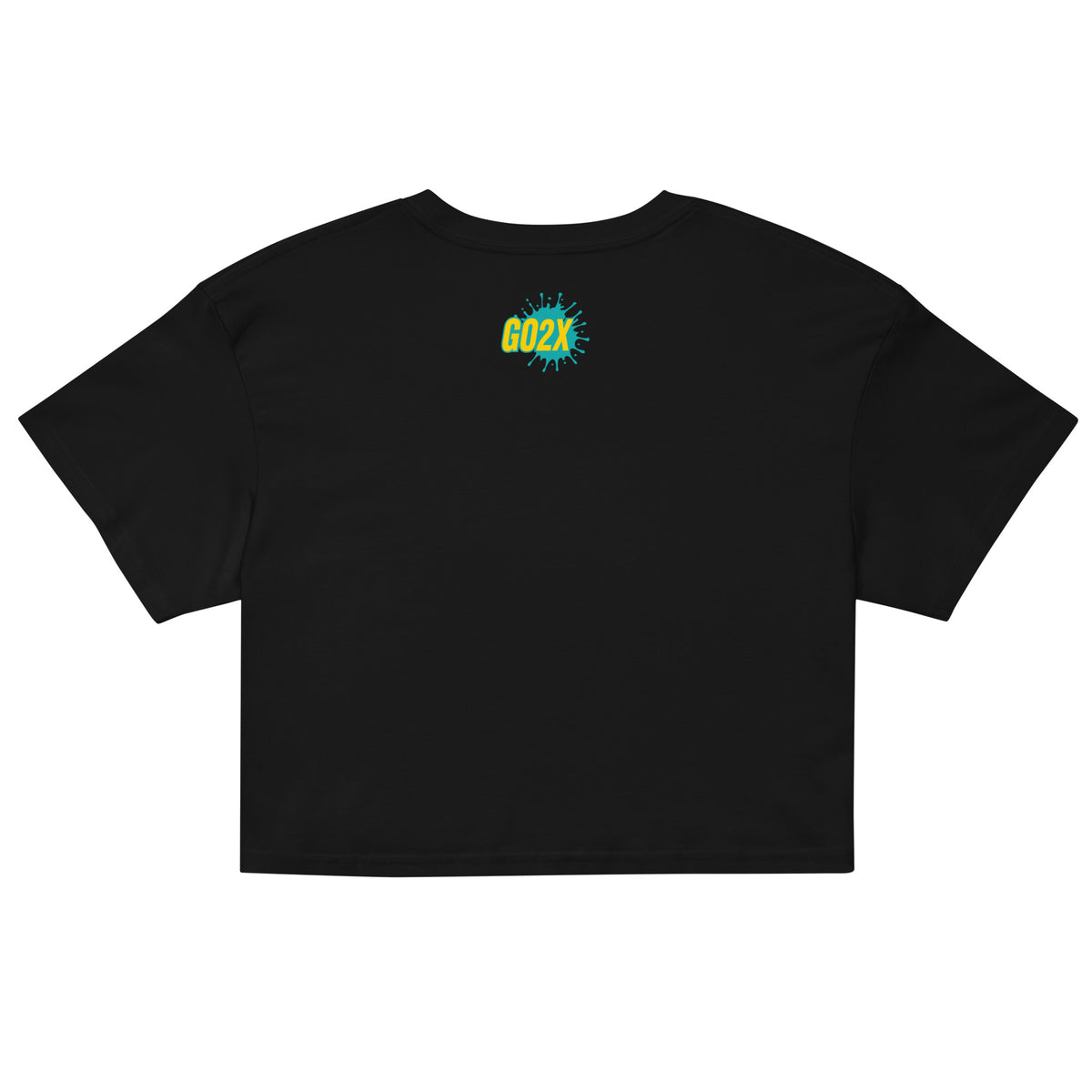 GO2X lacrosse crop top with yellow & green logo in Black, back view