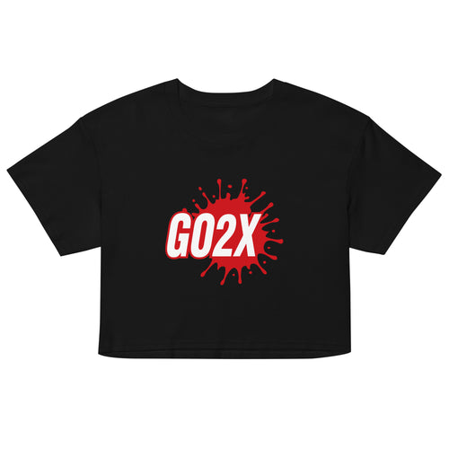 GO2X lacrosse crop top with red & white logo in Black, front view