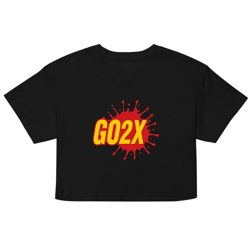 GO2X lacrosse crop top with red & yellow logo in Black, front view