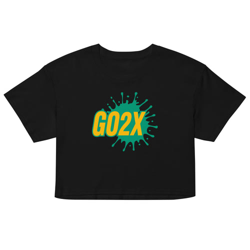 GO2X lacrosse crop top with the logo in yellow and green
