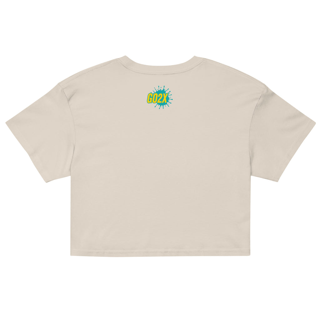 GO2X lacrosse crop top with yellow & green logo in Bone, back view