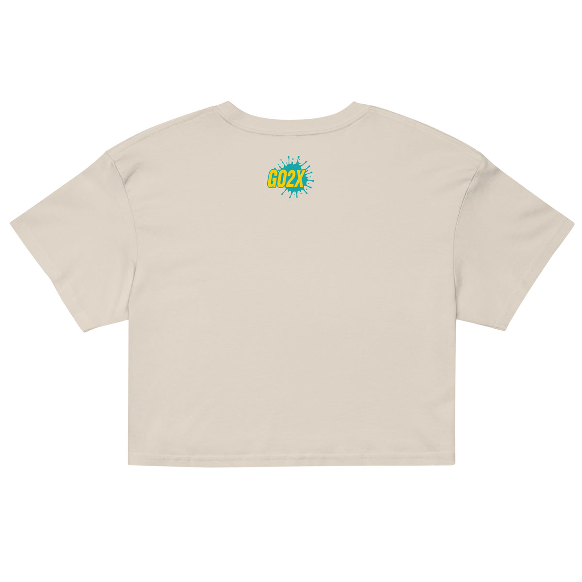 GO2X lacrosse crop top with yellow & green logo in Bone, back view