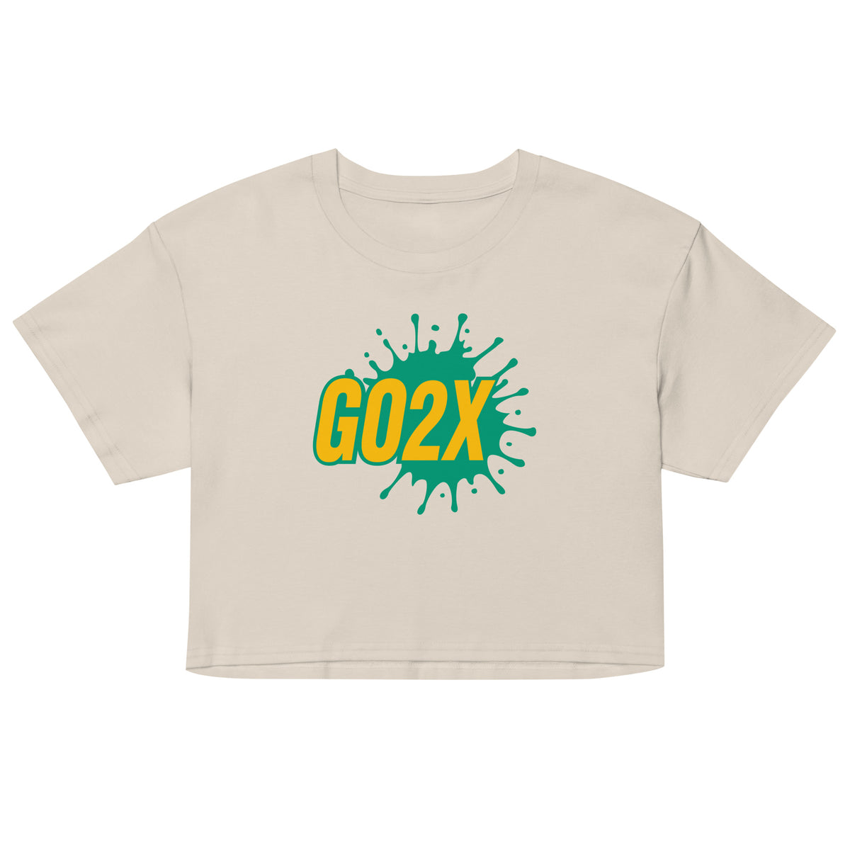 GO2X lacrosse crop top with yellow & green logo in Bone, front view