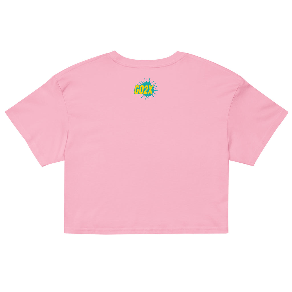 GO2X lacrosse crop top with yellow & green logo in Bubblegum, back view