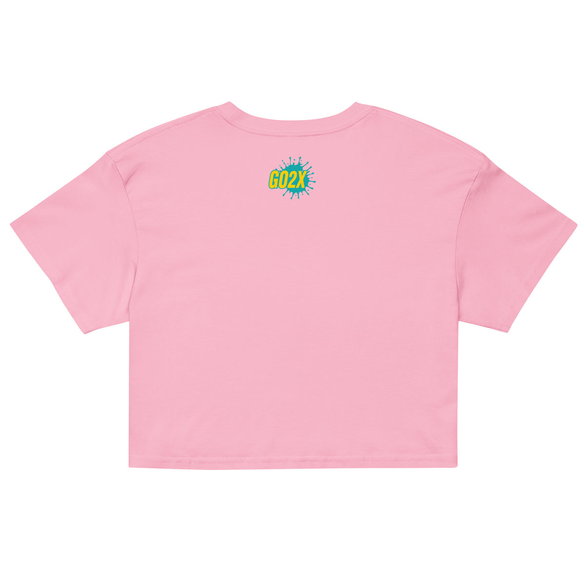 GO2X lacrosse crop top with yellow & green logo in Bubblegum, back view
