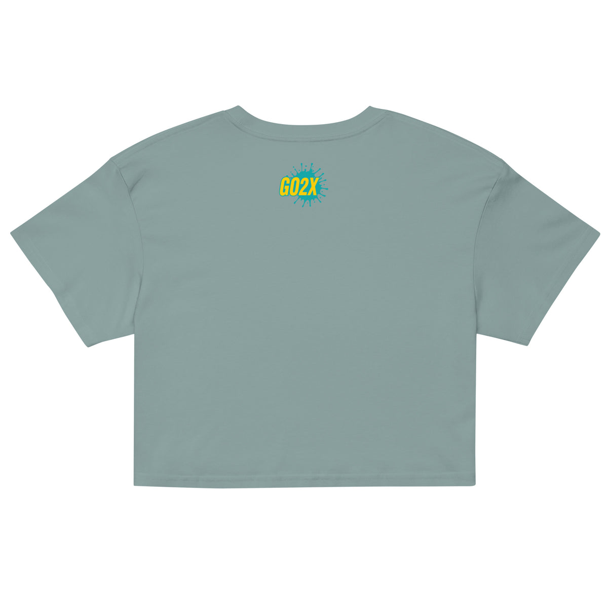 GO2X lacrosse crop top with yellow & green logo in Mineral, back view