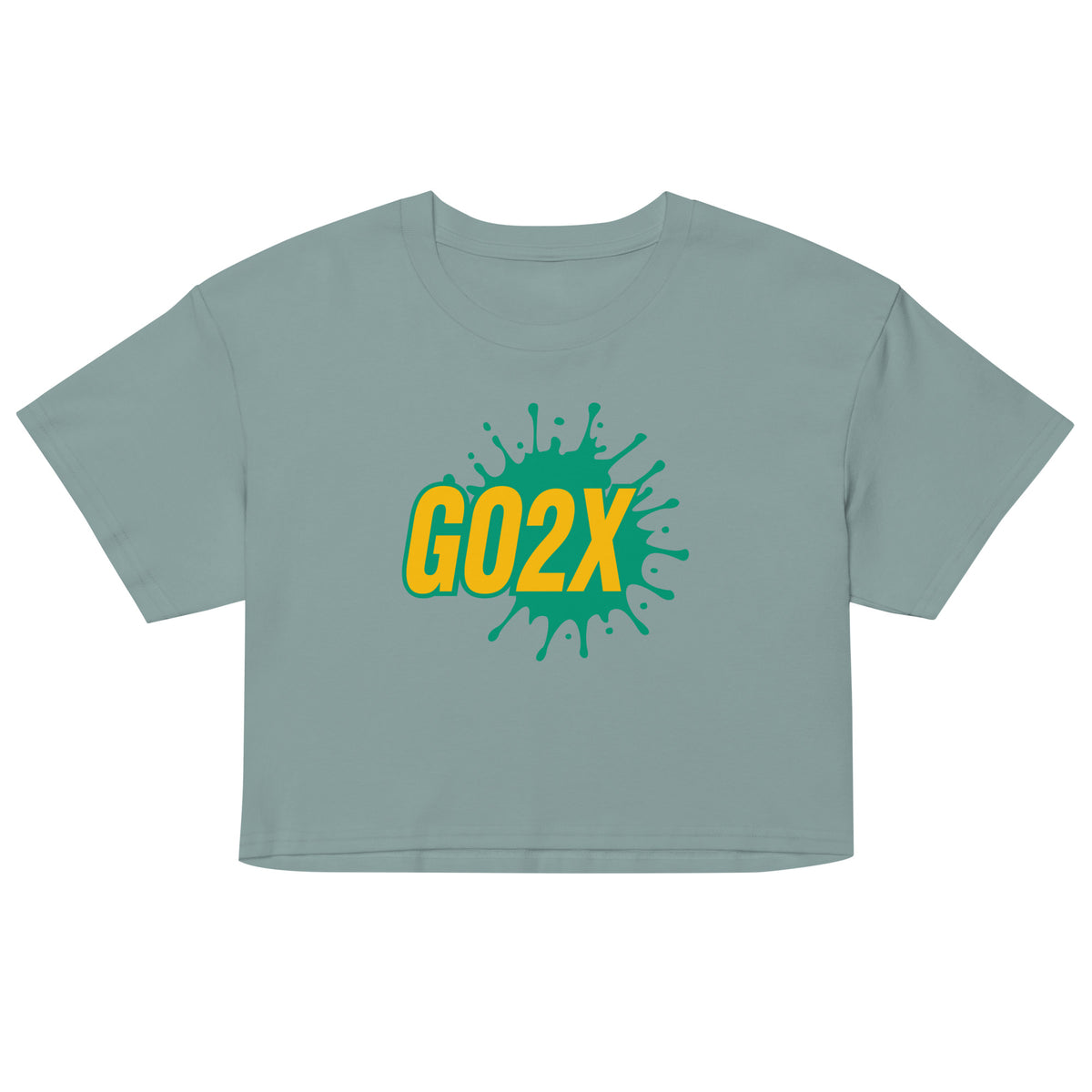GO2X lacrosse crop top with yellow & green logo in Mineral, front view