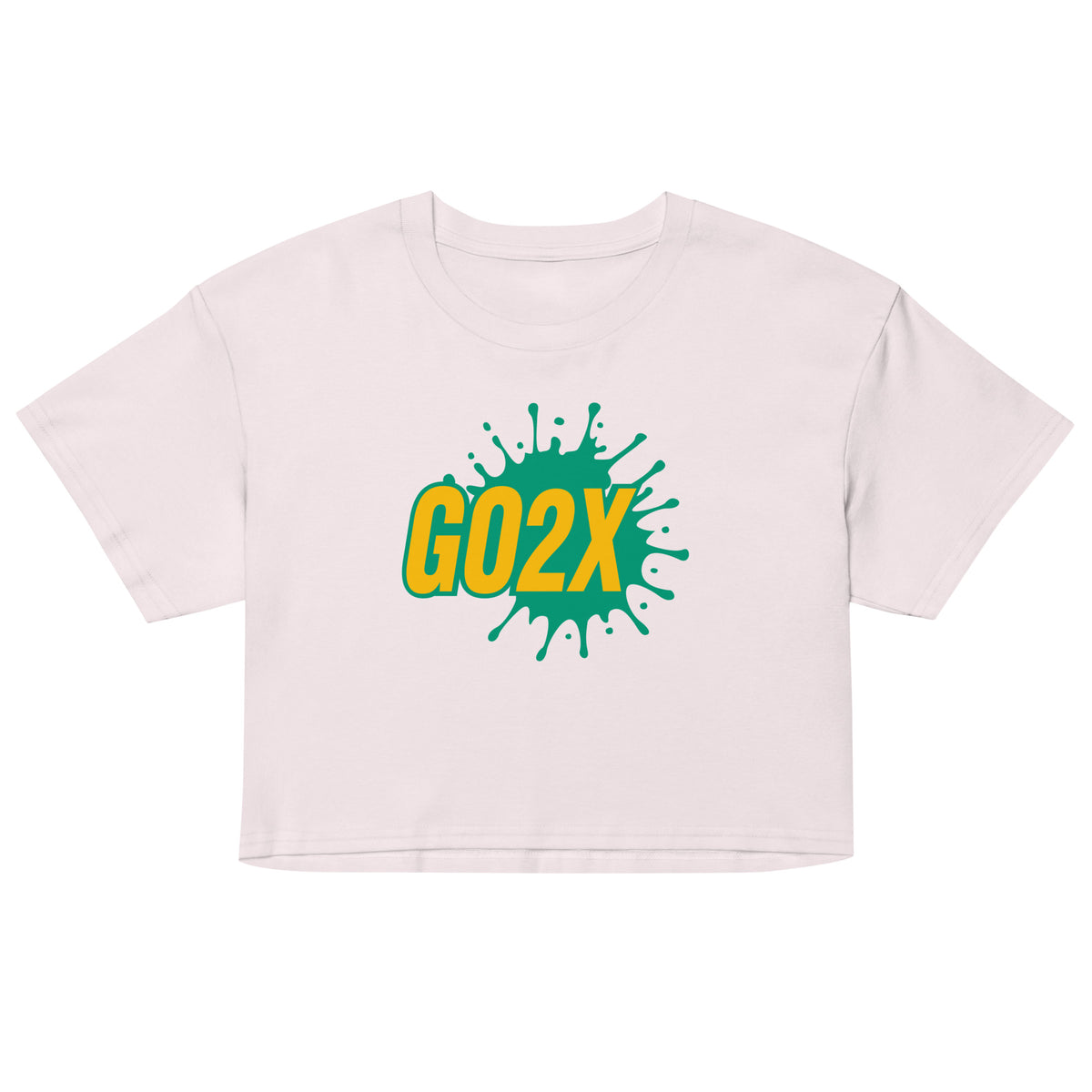 GO2X lacrosse crop top with yellow & green logo in Orchid, front view