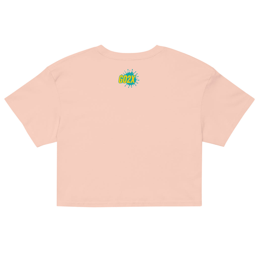 GO2X lacrosse crop top with yellow & green logo in Pale Pink, back view