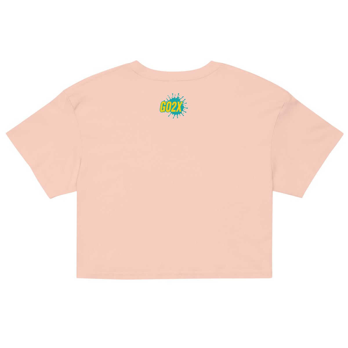 GO2X lacrosse crop top with yellow & green logo in Pale Pink, back view