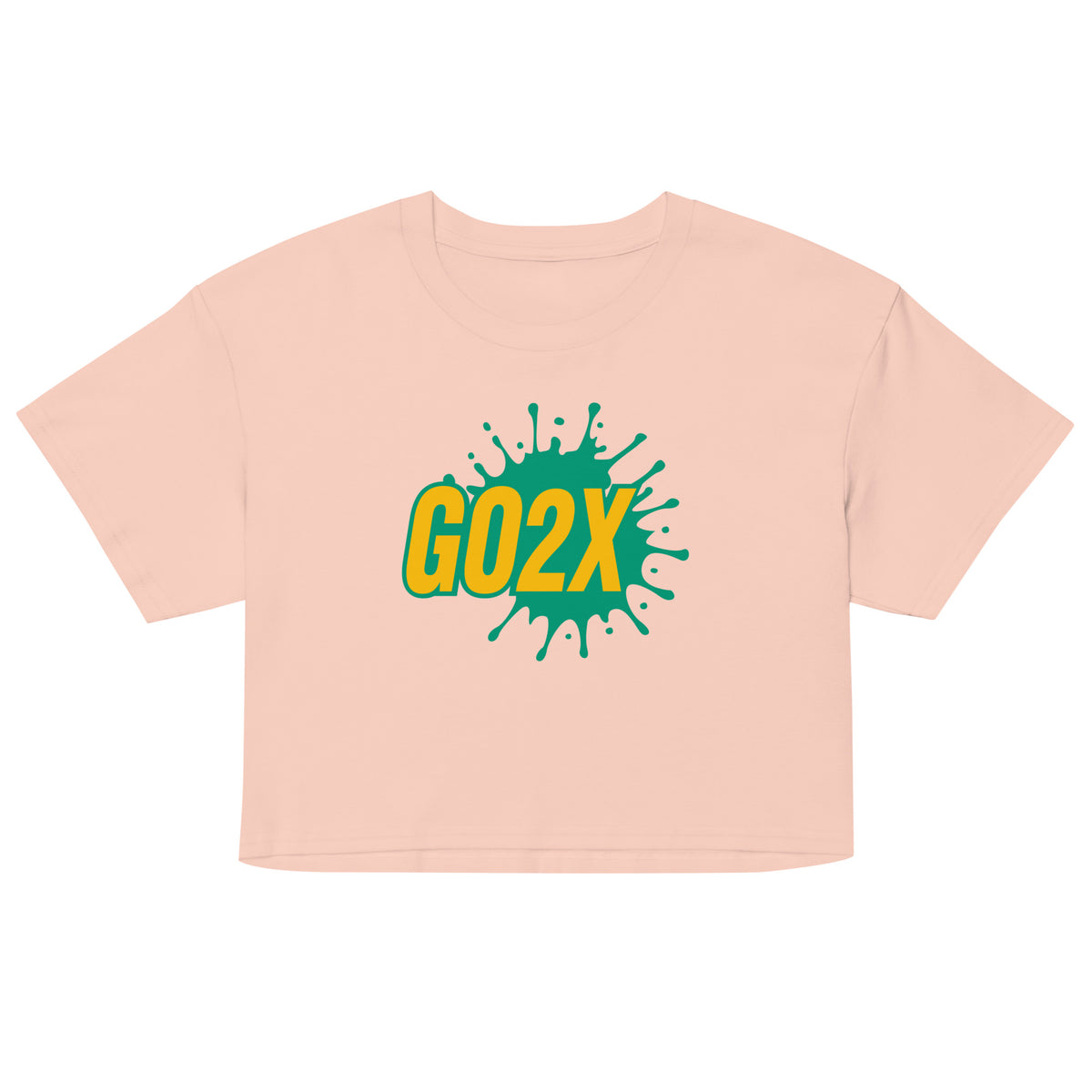 GO2X lacrosse crop top with yellow & green logo in Pale Pink, front view