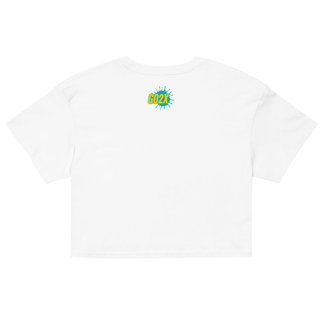 GO2X lacrosse crop top with yellow & green logo in White, back view