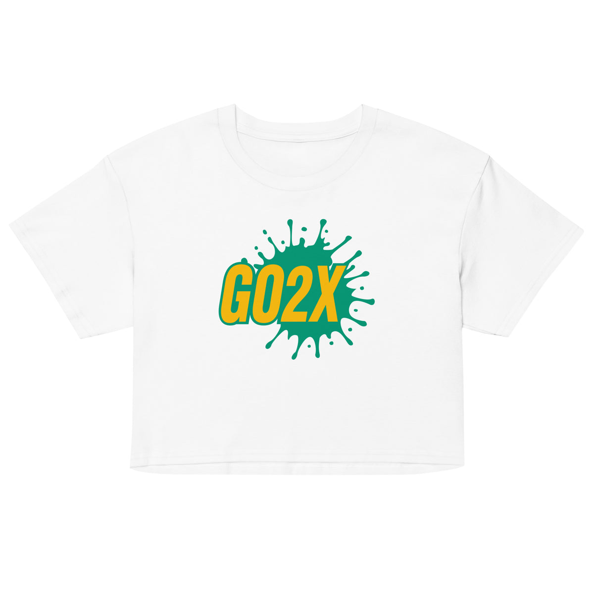 GO2X lacrosse crop top with yellow & green logo in White, front view