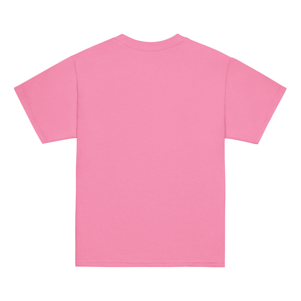 GO2X Good Strings Good Times youth lacrosse shirt with male design in Azalea, back view