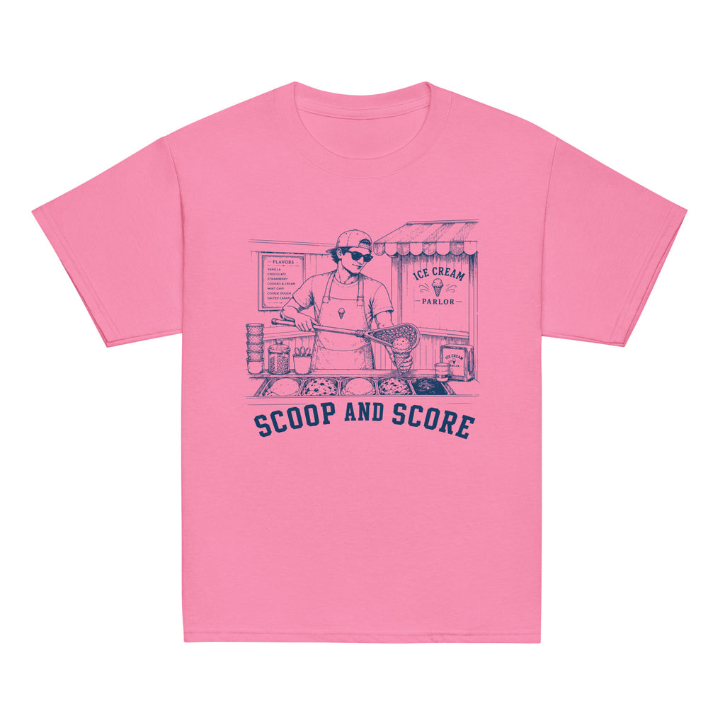 GO2X Scoop and Score youth lacrosse shirt with male design in Azalea, front view