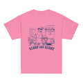 GO2X Scoop and Score youth lacrosse shirt with male design in Azalea, front view