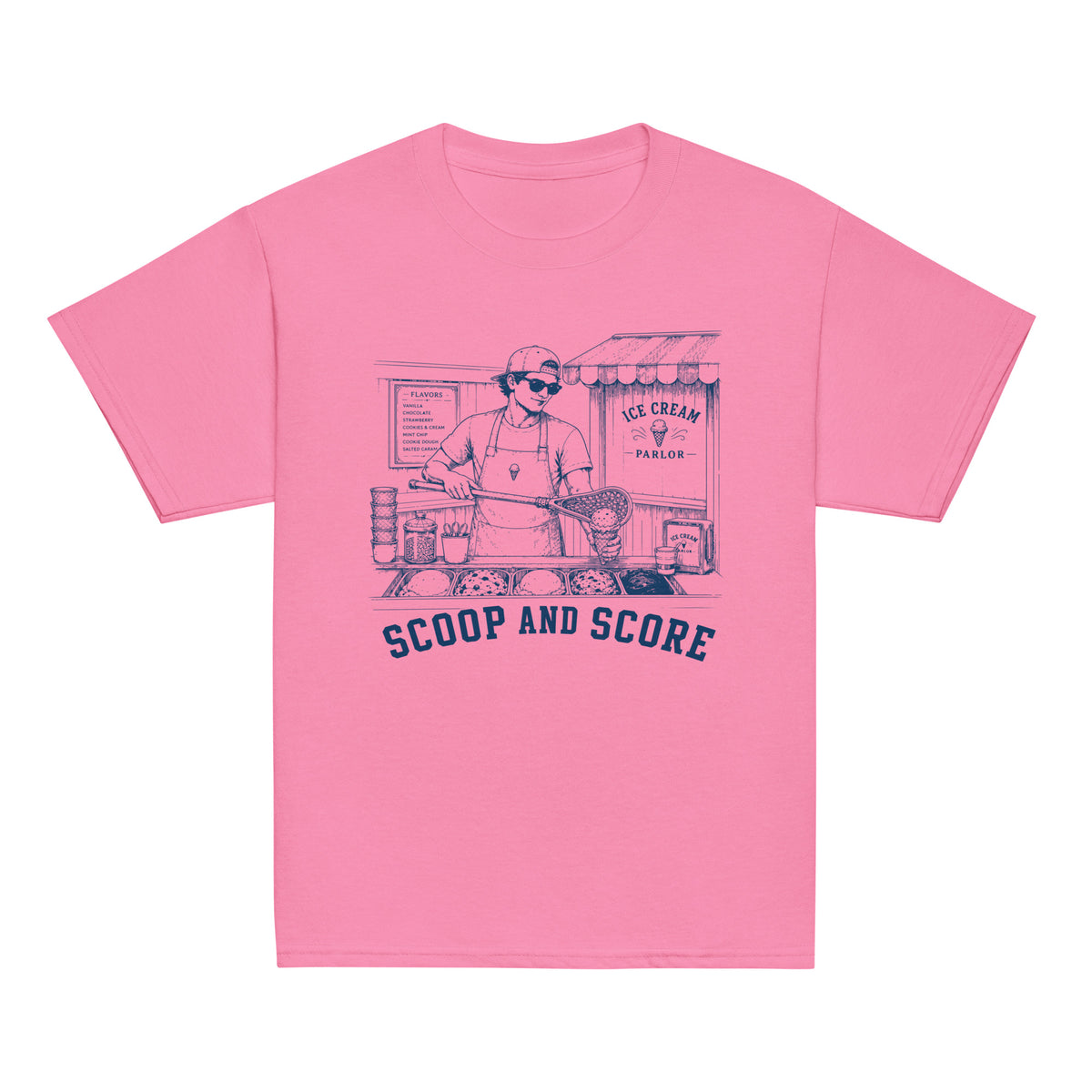GO2X Scoop and Score youth lacrosse shirt with male design in Azalea, front view