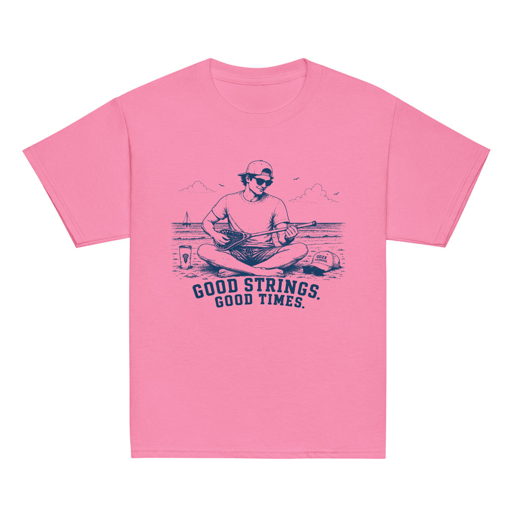 GO2X Good Strings Good Times youth lacrosse shirt with male design in Azalea, front view